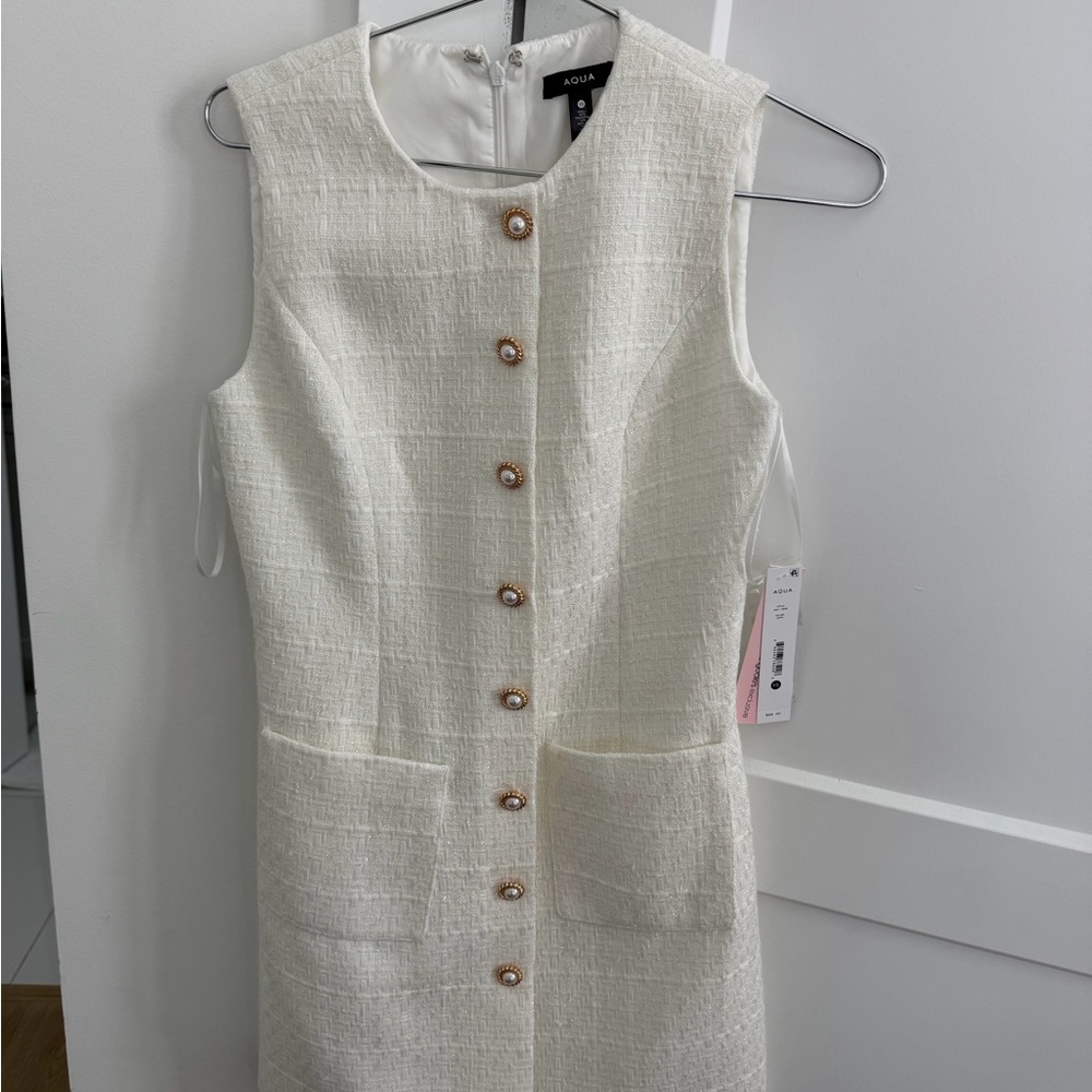 Aqua Cream Textured Mini Dress with Gold Buttons